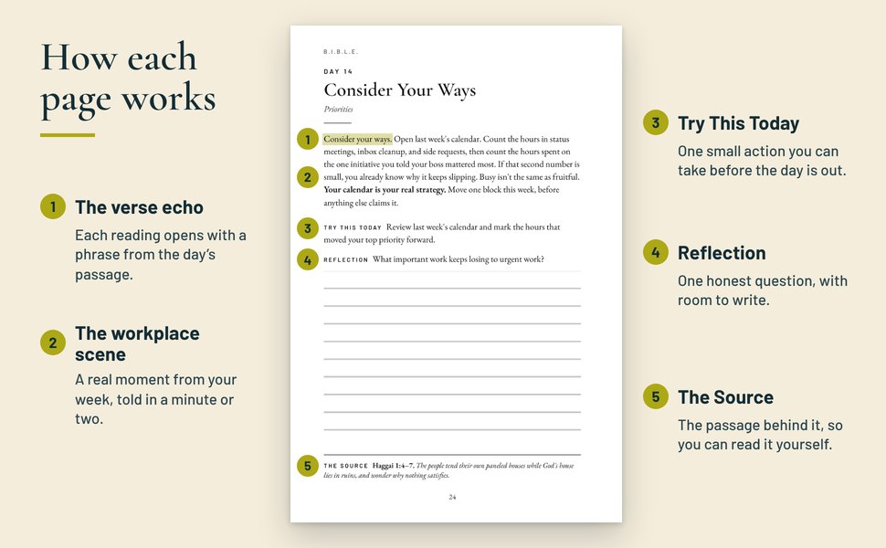 How each page of B.I.B.L.E. works: verse echo, workplace scene, Try This Today, Reflection, and The Source